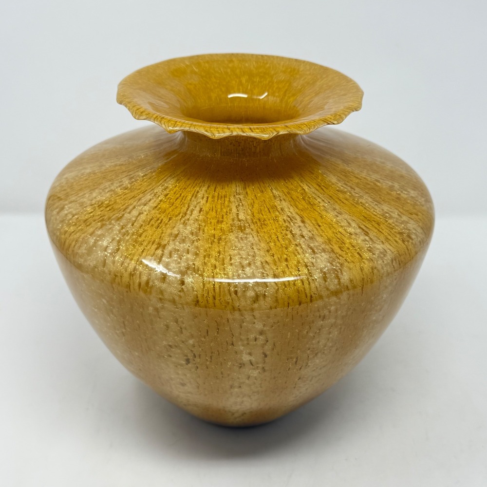 Art Glass Vase Amber Gold Aventurine Ruffled Rim 10in MCM Murano Style Decor